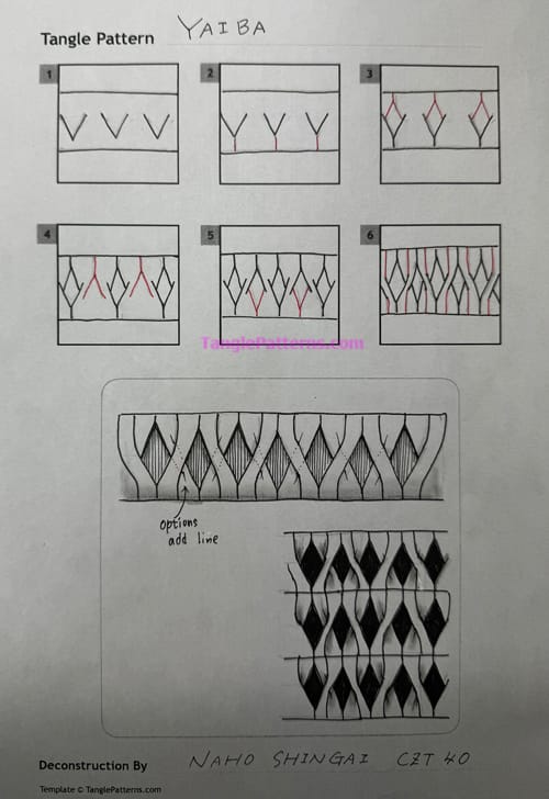 How to draw the Zentangle pattern Yaiba, tangle and deconstruction by Naho Shingai. Image copyright the artist and used with permission, ALL RIGHTS RESERVED.