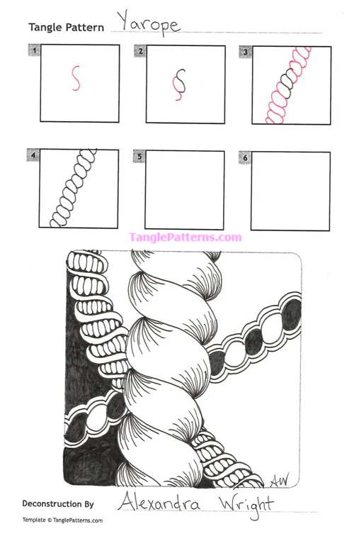 How to draw the Zentangle pattern Yarope, tangle and deconstruction by Alexanddra Wright. Image copyright the artist and used with permission, ALL RIGHTS RESERVED. How to draw the Zentangle pattern Yarope, tangle and deconstruction by Alexandra Wright. Image copyright the artist and used with permission, ALL RIGHTS RESERVED.