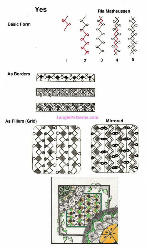 How to draw the Zentangle pattern Yes, tangle and deconstruction by Ria Matheussen. Image copyright the artist and used with permission, ALL RIGHTS RESERVED.