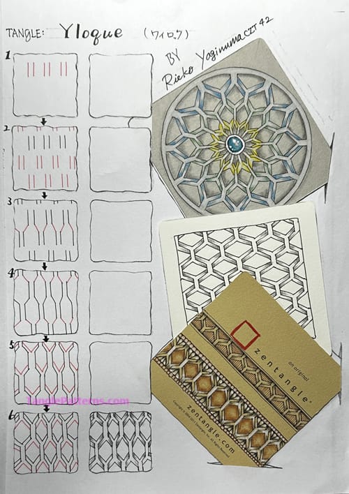 How to draw the Zentangle pattern Yloque, tangle and deconstruction by Rieko Yaginuma Image copyright the artist and used with permission, ALL RIGHTS RESERVED.