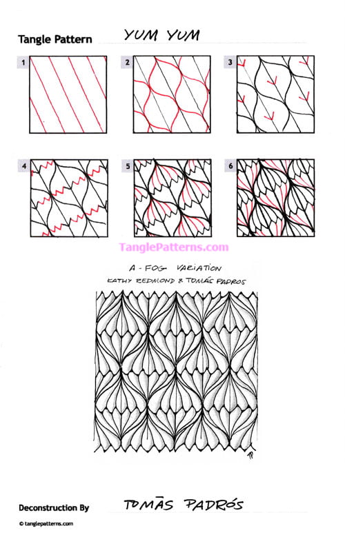 How to draw the Zentangle pattern Yum Yum, tangle and deconstruction by Tomàs Padrós. Image copyright the artist and used with permission, ALL RIGHTS RESERVED.