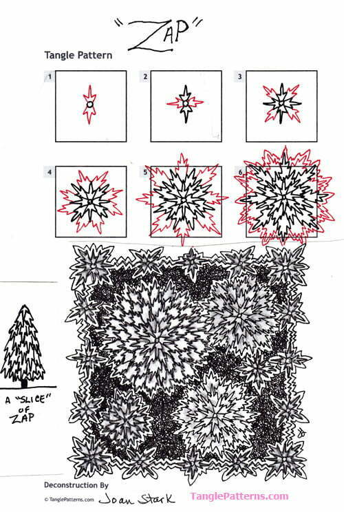 How to draw the Zentangle pattern Zap, tangle and deconstruction by Joan Stark. Image copyright the artist and used with permission, ALL RIGHTS RESERVED.