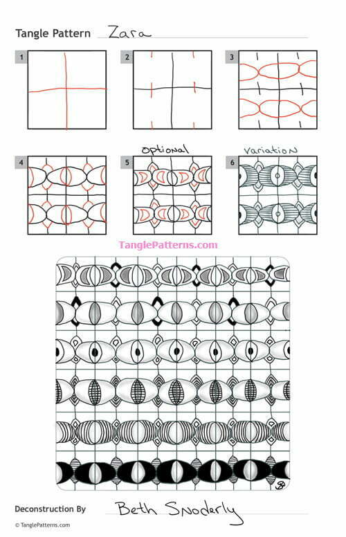 How to draw the Zentangle pattern Zara, tangle and deconstruction by Beth Snoderlyl. Image copyright the artist and used with permission, ALL RIGHTS RESERVED.