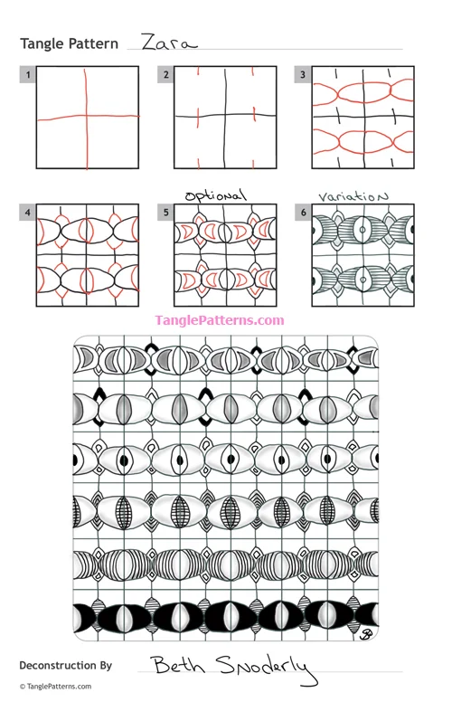 How to draw the Zentangle pattern Zara, tangle and deconstruction by Beth Snoderlyl. Image copyright the artist and used with permission, ALL RIGHTS RESERVED.