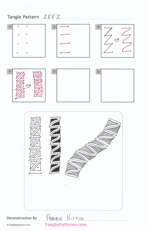 Image copyright the artist and used with permission, ALL RIGHTS RESERVED. Please feel free to refer to the steps images to recreate this tangle in your personal Zentangles and ZIAs, or to link back to this page. However the artist and TanglePatterns.com reserve all rights to these images and they must not be publicly pinned, reproduced or republished. Thank you for respecting these rights. Click the image for an article explaining copyright in plain English. Zentangle pattern: Zeez.