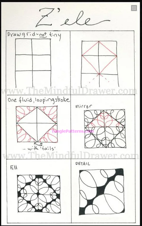 How to draw the Zentangle pattern Z'ele, tangle and deconstruction by Jane Dickinson. Image copyright the artist and used with permission, ALL RIGHTS RESERVED.