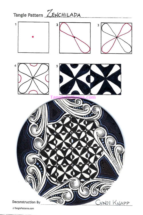 How to draw the Zentangle pattern Zenchilada, tangle and deconstruction by Cyndi Knapp. Image copyright the artist and used with permission, ALL RIGHTS RESERVED.