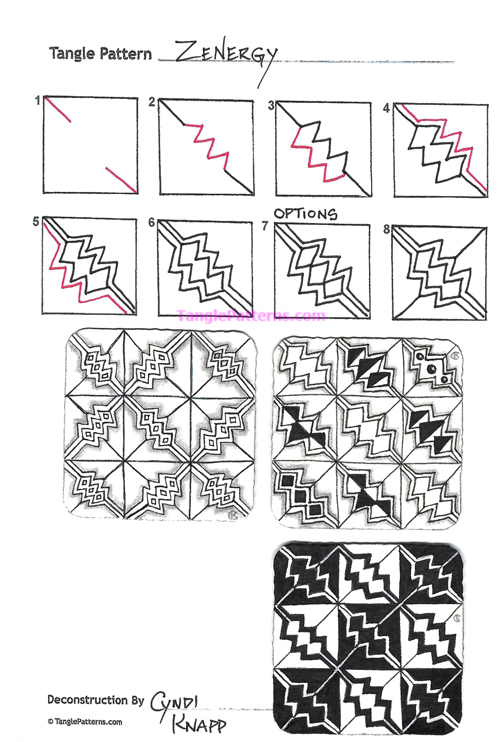 How to draw the Zentangle pattern Zenergy, tangle and deconstruction by Cyndi Knapp. Image copyright the artist and used with permission, ALL RIGHTS RESERVED.