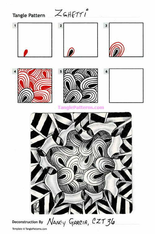 How to draw the Zentangle pattern Zghetti, tangle and deconstruction by Nancy Garcia. Image copyright the artist and used with permission, ALL RIGHTS RESERVED.