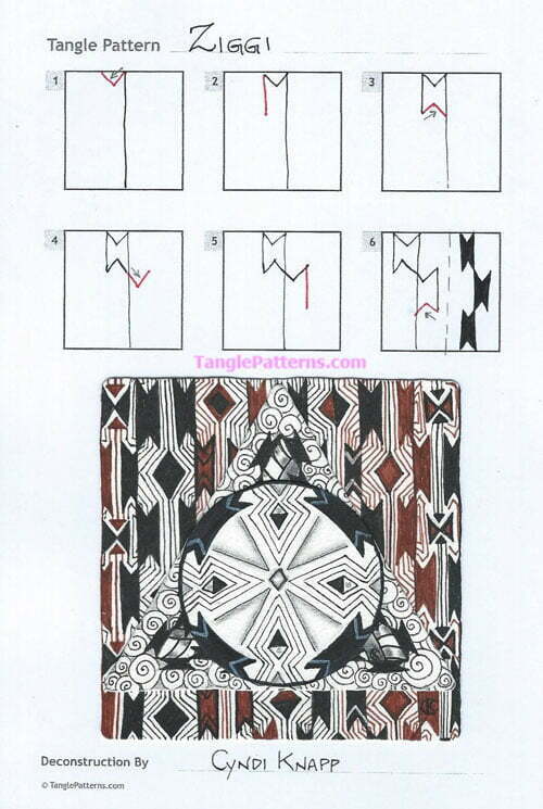 How to draw the Zentangle pattern Ziggi, tangle and deconstruction by Cyndi Knapp. Image copyright the artist and used with permission, ALL RIGHTS RESERVED.