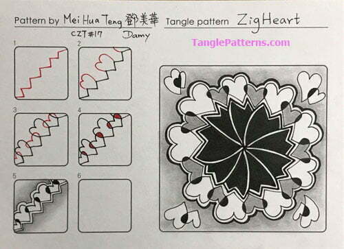 How to draw the Zentangle pattern ZigHeart, tangle and deconstruction by Damy (Mei Hua) Teng. Image copyright the artist and used with permission, ALL RIGHTS RESERVED.
