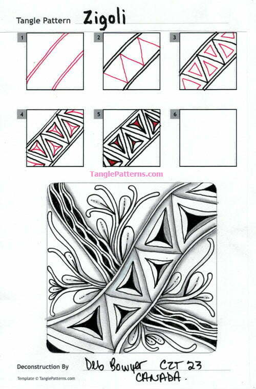 How to draw the Zentangle pattern Zigoli, tangle and deconstruction by Deb Bowyer. Image copyright the artist and used with permission, ALL RIGHTS RESERVED.