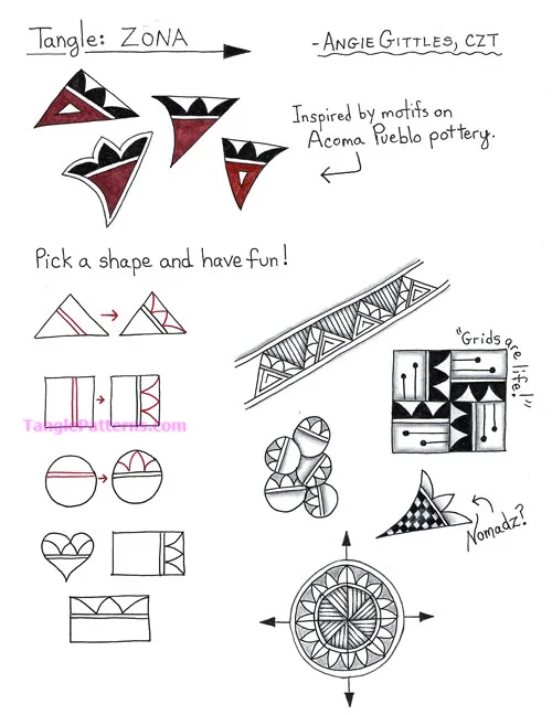 How to draw the Zentangle pattern Zona, tangle and deconstruction by Angie Gittles. Image copyright the artist and used with permission, ALL RIGHTS RESERVED.