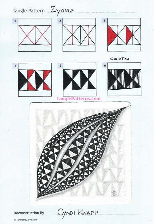 How to draw the Zentangle pattern Zyama, tangle and deconstruction by Cyndi Knapp. Image copyright the artist and used with permission, ALL RIGHTS RESERVED.