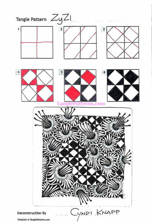 How to draw the Zentangle pattern ZyZl, tangle and deconstruction by Cyndi Knapp. Image copyright the artist and used with permission, ALL RIGHTS RESERVED.